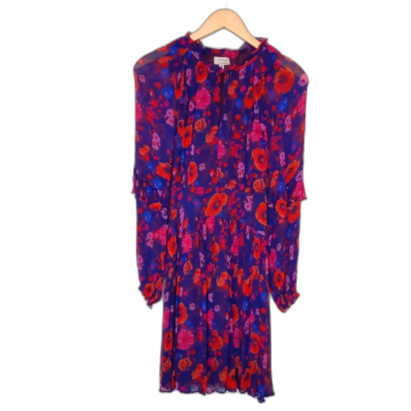 Womens Jigsaw Autumn Floral Crinkled Ruffled Dress Purple Blue Orange, Size 4 - Picture 1 of 5